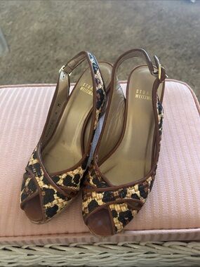 Stuart Weitzman Brown and Tan Woven Peep-Toe Slingback Heels